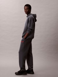 Szara bluza z kapturem i pasujące dresy z czerwonym logo "Calvin Klein", o luźnym kroju i miękkiej fakturze. Sneakersy dopełniają wygląd.