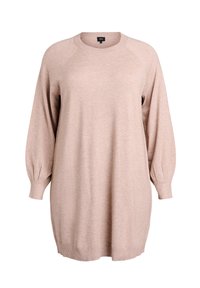 Jasnoprawy, oversize sweter z raglanowymi rękawami, prążkowanymi mankietami i dołem oraz okrągłym dekoltem, wykonany z miękkiego dzianinowego materiału.
