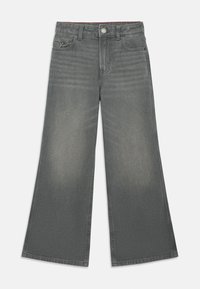 Šedé široké džíny s knoflíkovým zapínáním, pěti kapsami a jemným vymizením. Vyrobeno z denimu s hladkou texturou a čistým šitím.