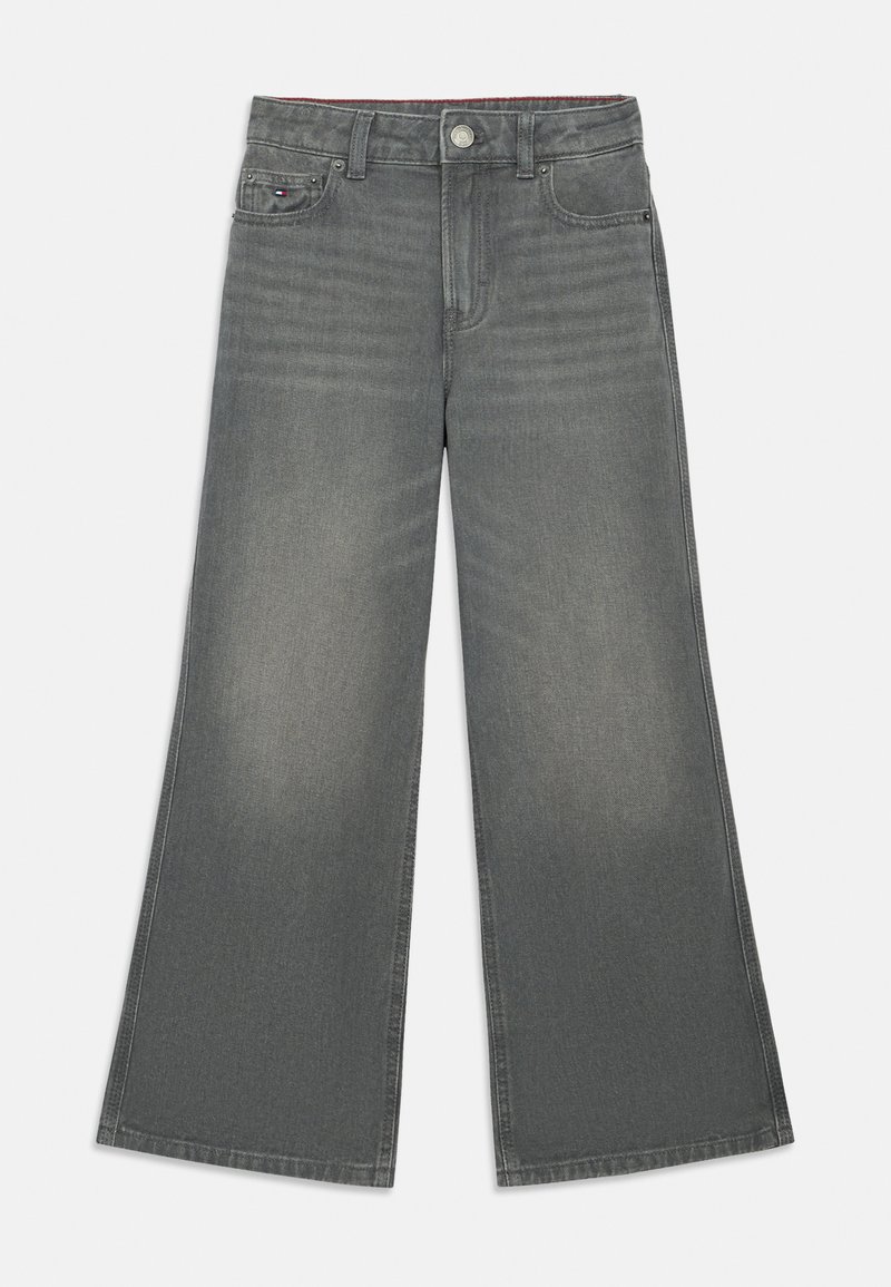 Šedé široké džíny s knoflíkovým zapínáním, pěti kapsami a jemným vymizením. Vyrobeno z denimu s hladkou texturou a čistým šitím.
