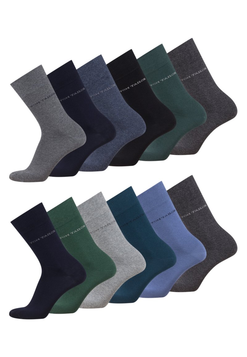 Set of 12 socks in various colors: dark grey, navy, green, and blue. Knit cotton with reinforced heel and toe. Branding along the cuff.