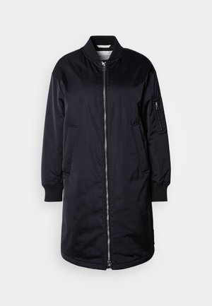 Long black bomber jacket made of smooth fabric, featuring a zip front, ribbed cuffs, two side pockets, and a zippered sleeve pocket.