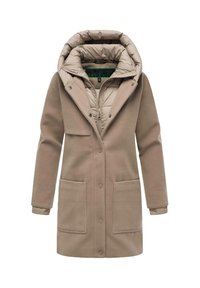 Manteau beige, mi-cuisse, avec une capuche à double couche. Il comporte des boutons-pression, deux poches avant et une texture lisse avec une couche intérieure matelassée.