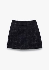 Musta tweed minihame, jossa on teksturoitu pinta, suora leikkaus ja siisti helma. Ei näkyvää metalliosaa tai kuvioita.