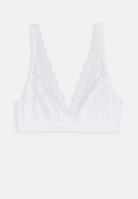 Bralette de renda branca com decote em V profundo. Apresenta detalhe de renda floral ao longo das alças e do busto, com uma textura suave e lisa.