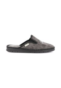 Pantofole grigie in suede con design slip-on, bordi neri e suola piatta in gomma. Presentano un'etichetta in tessuto vicino alla suola. Texture morbida.