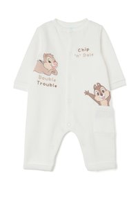 Weißer Baby-Overall aus weichem Stoff mit Chip 'n' Dale-Charakteren, Druckknöpfen, langen Ärmeln und einer Seitentasche.