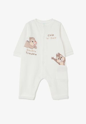Mono de bebé blanco hecho de tela suave, con personajes de Chip 'n' Dale, botones a presión, mangas largas y un bolsillo lateral.