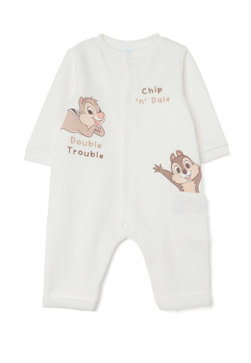 Weißer Baby-Overall aus weichem Stoff mit Chip 'n' Dale-Charakteren, Druckknöpfen, langen Ärmeln und einer Seitentasche.
