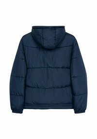 Navyblauwe gewatteerde jas met een afneembare capuchon, een doorgestikt ontwerp, elastische manchetten en een gladde afwerking, met een vierkante pasvorm.