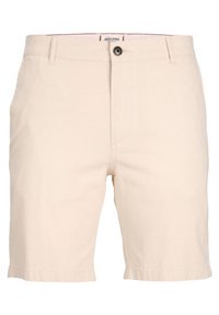 Světlé béžové šortky vyrobené z bavlněné směsi, s knoflíkovým zapínáním a předními kapsami. Hladká textura, přiléhavý střih a zakulacené okraje.
