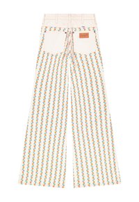 Τζιν ψηλόμεσο με φαρδύ πόδι, λευκή βάση και κάθετες λουλουδένιες ρίγες σε πορτοκαλί και μπλε, με δύο πίσω τσέπες και δερμάτινο λογότυπο Wrangler.