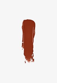 Brun vätskepigment i en jämn, vertikal strimma. Glansig textur med en något ojämn kant, mot en vit bakgrund.