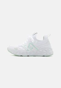 White athletic sneaker with textured sole, knit ankle collar, lace-up front, and light green accents and branding on side and tongue.