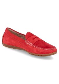 Rote Wildleder-Mokassin-Schuhe mit einem gestickten Akzent über die Vorderseite, Gummisohle und kariertem Innenfutter.
