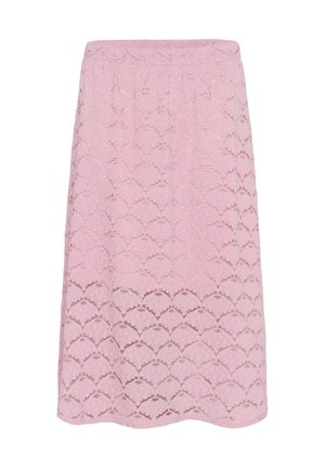 Spets midi kjol i ljusrosa med en scallop-mönster, elastisk midja och en flödande silhuett. Texturerad tyg med en delikat design.