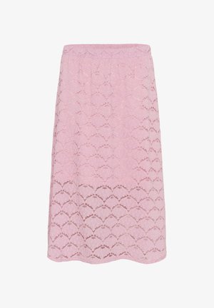 Lace midi nederdel i lyserød med et bølget mønster, elastisk talje og en svævende silhuet. Teksturstoffet med delikat design.