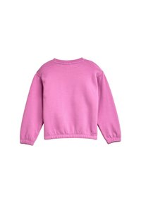 Fleece-Sweatshirt in leuchtendem Pink mit langen Ärmeln, geripptem Rundhalsausschnitt und elastischen Bündchen sowie Saum. Weiche Textur ohne sichtbare Muster.