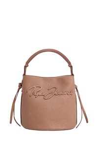 Braune, strukturierte Lederhandtasche mit einem kurzen Griff, seitlichen Quasten und einem genähten, kursiven Logo in der Mitte vorne.