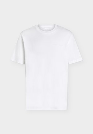 Plain white short-sleeve crew neck t-shirt with a subtle embossed logo on the upper left chest, displayed on a white background.