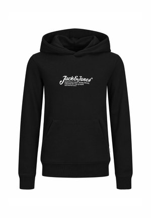 Schwarzer Kapuzenpullover aus weichem Stoff, mit einer vorderen Kängurutasche und weißem aufgedrucktem Logo auf der Brust. Rippbündchen und Saum.