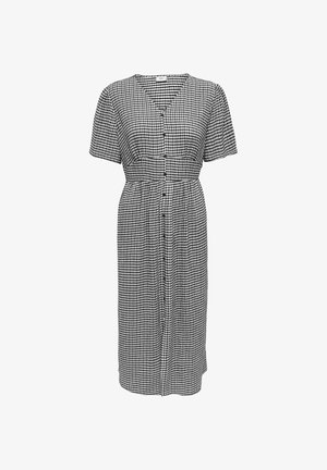 Mustvalge ruuduline midi kleit lühikeste varrukatega, V-kaelusega, ees nööbitav ja vöökoht kurrutatud.