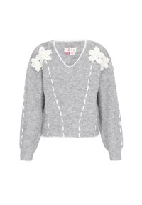 Grauer Strickpullover mit V-Ausschnitt, dicker Textur und weißen floralem Akzent an den Schultern. Verfügt über dekorative weiße Nähte entlang der Nähte.