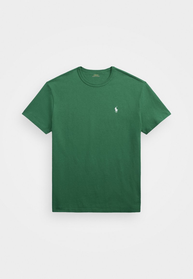 Zielona bawełniana koszulka z okrągłym dekoltem, krótkimi rękawami i małym białym logotypem po lewej stronie klatki piersiowej. Gładka tekstura, klasyczny krój.