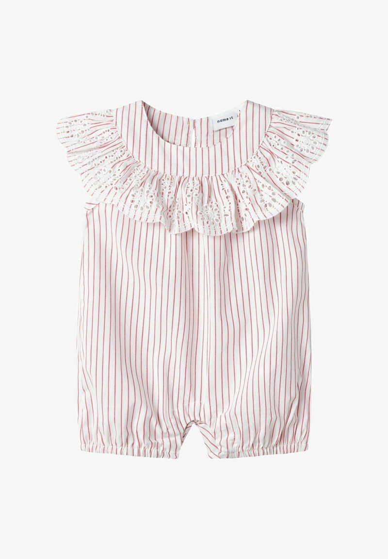 Tuta bianca con strisce rosse, caratterizzata da un colletto a volant rifinito in pizzo. Vita elastica e aperture per le gambe per una vestibilità comoda.