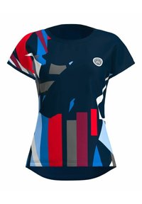 Sportliches T-Shirt mit kurzen Ärmeln in Marineblau, versehen mit abstrakten geometrischen Mustern in Rot, Blau, Grau und Weiß. Mit Rundhalsausschnitt und Logodetail.