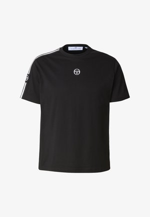 Czarna bawełniana koszulka z krótkim rękawem, okrągłym dekoltem i białym logo na piersi. Posiada białe paski na ramionach.