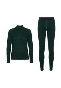 Thermal set featuring a long-sleeve top and leggings in dark green. Fabric is textured; top has a mock neck and raglan sleeves, leggings with a branded waistband.