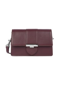 Borsa a tracolla in pelle bordeaux con chiusura a patta, scomparti interni, accessori in metallo argentato e tracolla staccabile. Texture liscia.