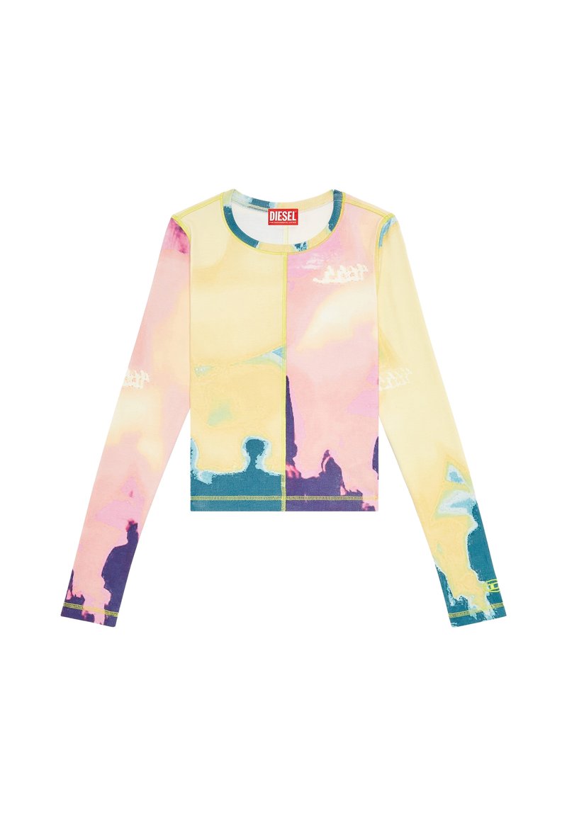 Długi rękaw crop top w pastelowych kolorach z abstrakcyjnym wzorem, kontrastowym przeszyciem i okrągłym dekoltem. Wykonany z elastycznej tkaniny.