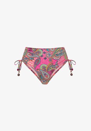 Wielokolorowe bikini z dolną częścią, zdobione wzorem paisley w odcieniach różu, fioletu i zieleni, z bocznymi wiązaniami i dekoracyjnymi akcentami metalowymi.