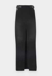 Fekete farmer szoknya egyenes szabással, térdig érő hosszúsággal, elöl hasítékkal, övhurkokkal és diszkrét logó részlettel a deréknál.