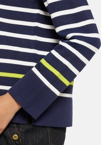 Marineblauw-witte gestreepte trui met een limegroene accentstreep bij de boord, gemaakt van zacht gebreid materiaal met een comfortabele pasvorm.