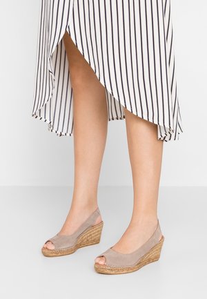 Sandales compensées en suède beige avec orteils ouverts, présentant une semelle intermédiaire en jute tissée et un design à bride arrière. Ourlet de robe rayée partiellement visible.