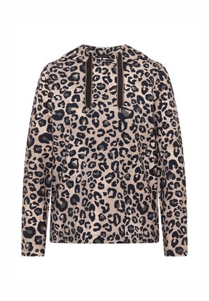 Mikina s kapuc í s leopardím potiskem v béžové a černé barvě, s dlouhými rukávy, přední kapsou a černými šňůrkami.