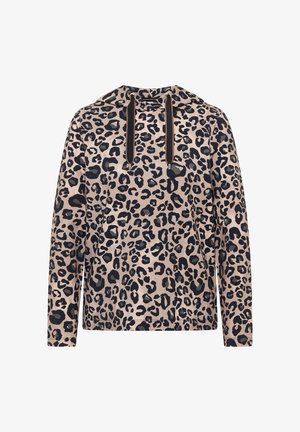 Bluza z kapturem w beżowo-czarny wzór w cętki lamparta, z długimi rękawami, przednią kieszenią i czarnymi sznurkami do ściągania.