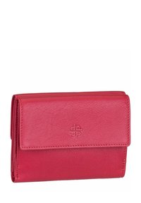 Portafoglio in pelle di un vivace colore rosa, con finitura testurizzata, pattina pieghevole e logo impresso sul davanti. Design compatto e snello.