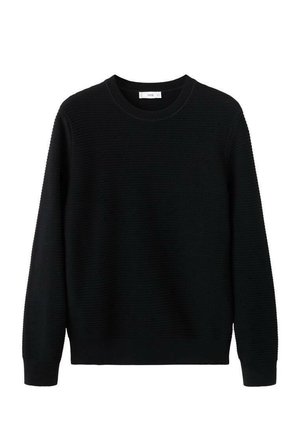 Pulover negru tricotat, cu decolteu rotund, mansete și tiv ripsite. Textura prezintă un model subtil, oferind un aspect confortabil.