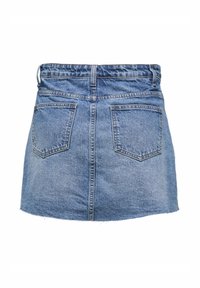 Denim minikrilo, svetlo modro, dizajn s petimi žepi, raztrgan rob, elastičen pas, šivani detajli na žepih in šivu.
