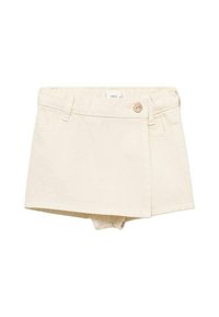 Jupe-culotte crème pour enfant avec passants de ceinture, fermeture à bouton sur le devant et shorts cachés en dessous.