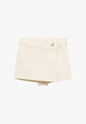 Svetlo bež kratke hlače za otroke z zankami za pas, sprednjim gumbom za zapiranje in skritimi hlačkami pod njimi.