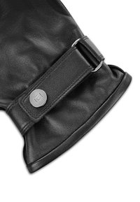 Czarna skórzana rękawica o eleganckim wzornictwie, teksturowanej powierzchni oraz srebrnym detalem w postaci zapięcia na guziki przy nadgarstku.