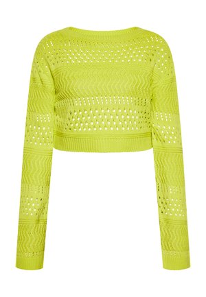 Lindgrüner, verkürzter Pullover mit langenÄrmeln, der ein strukturiertes Strickmuster und ein Lochmuster für Atmungsaktivität aufweist. Flachliegende Ansicht von hinten.
