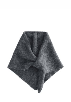 Dark gray scarf made from soft, fluffy wool. Features a triangular shape with textured fabric, neatly folded and draped.