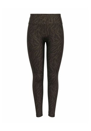 Leggings taille haute noirs et gris foncé avec un motif subtil de rayures zébrées, présentés de face sur fond blanc.