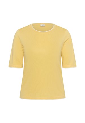 Gelbes Stricktop mit kurzen Ärmeln, rundem Ausschnitt und einem dezenten weißen Besatz am Kragen und an den Ärmelsäumen.
